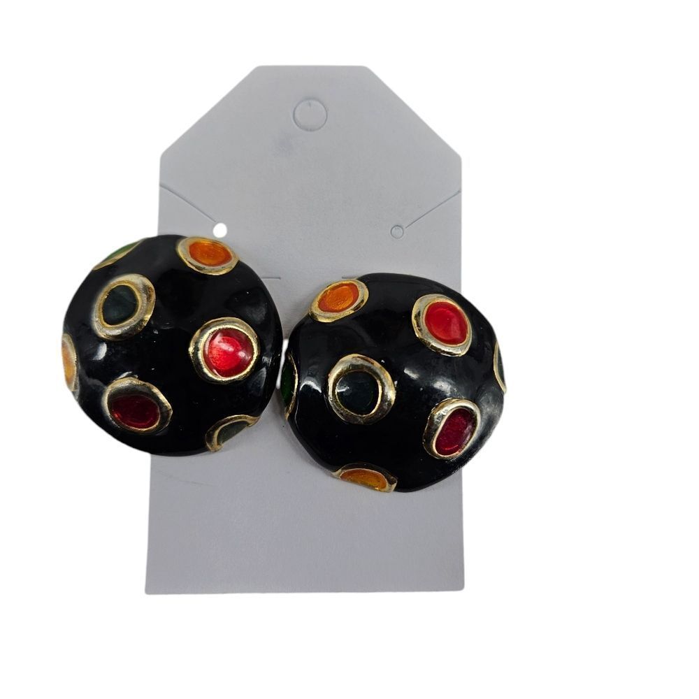 Vintage Black and Multicolor Enamel Stud Earrings